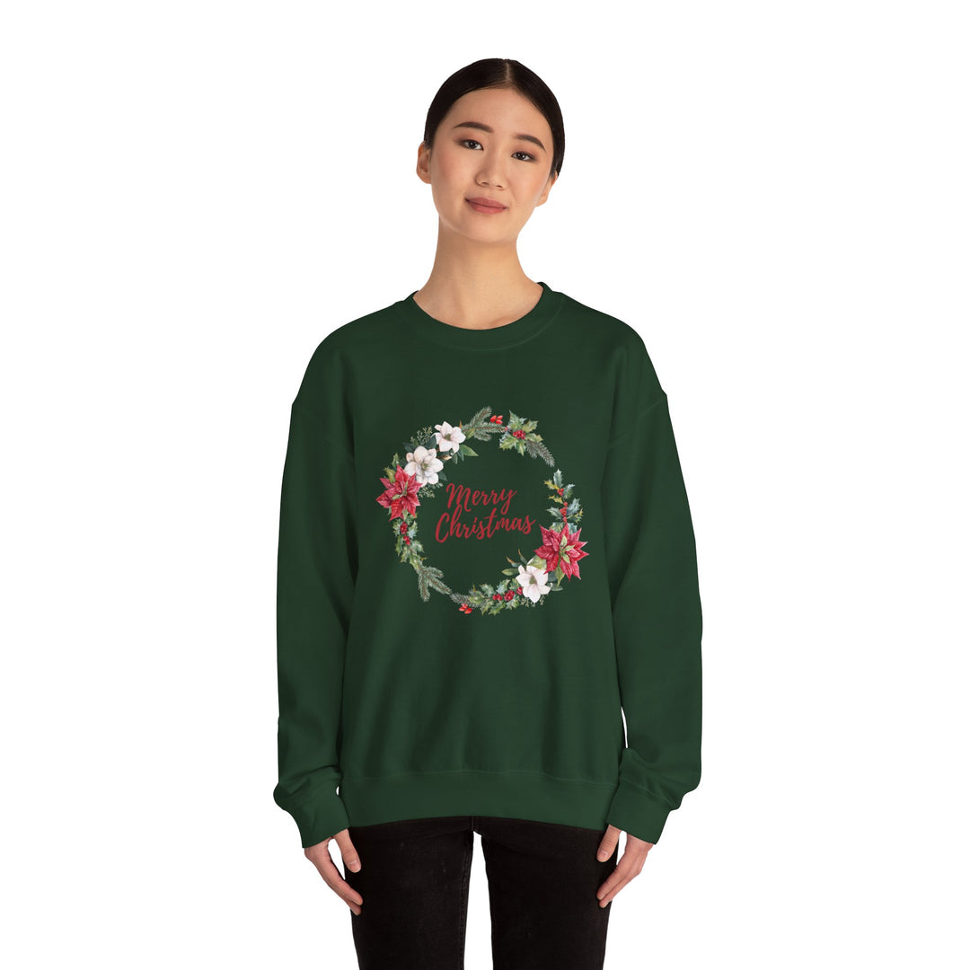 Christmas Poinsettia Wreath Sweatshirt — "Merry Christmas" Holiday Crewneck