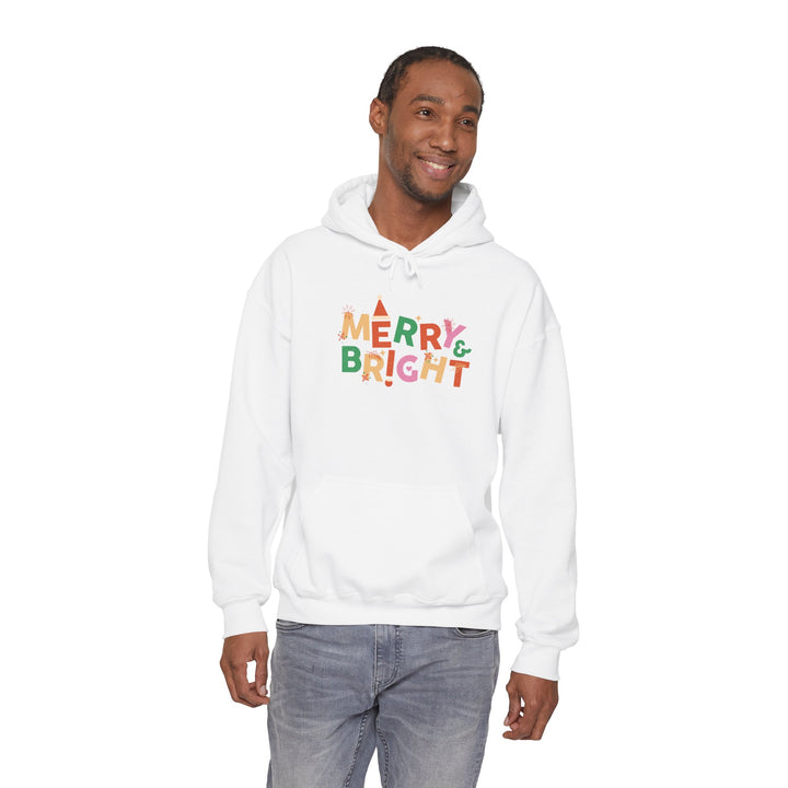 Merry & Bright Holiday Hoodie — Colorful Christmas Graphic Sweatshirt