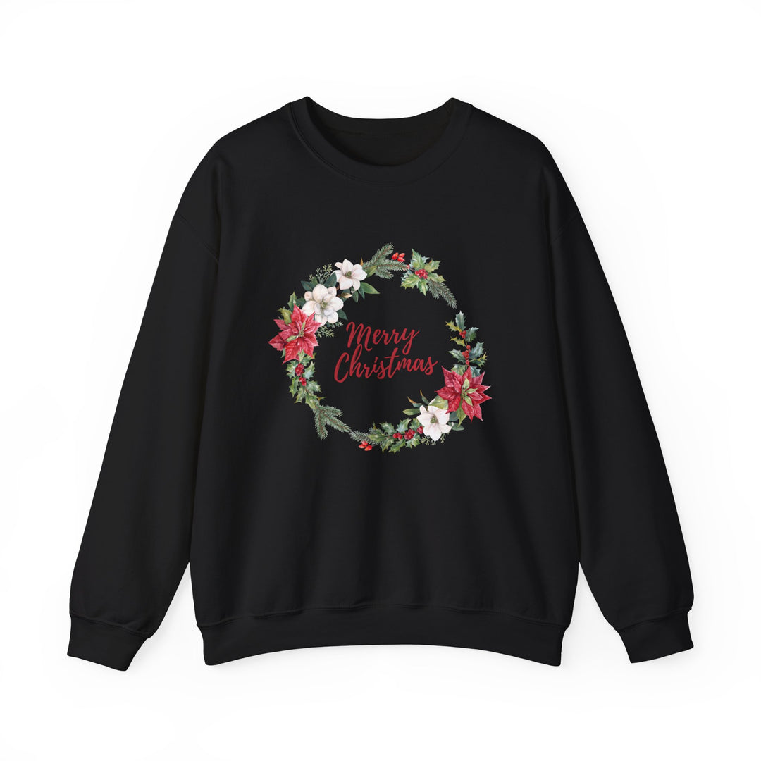 Christmas Poinsettia Wreath Sweatshirt — "Merry Christmas" Holiday Crewneck