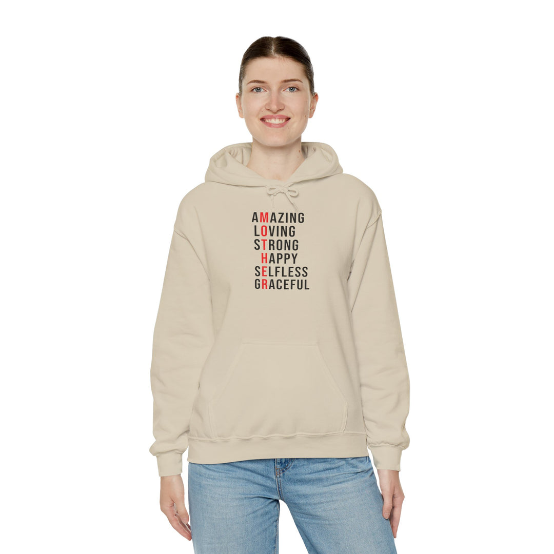 Mom's Hooded Sweatshirt – Amazing, Loving, Strong, Happy, Selfless, Graceful Design