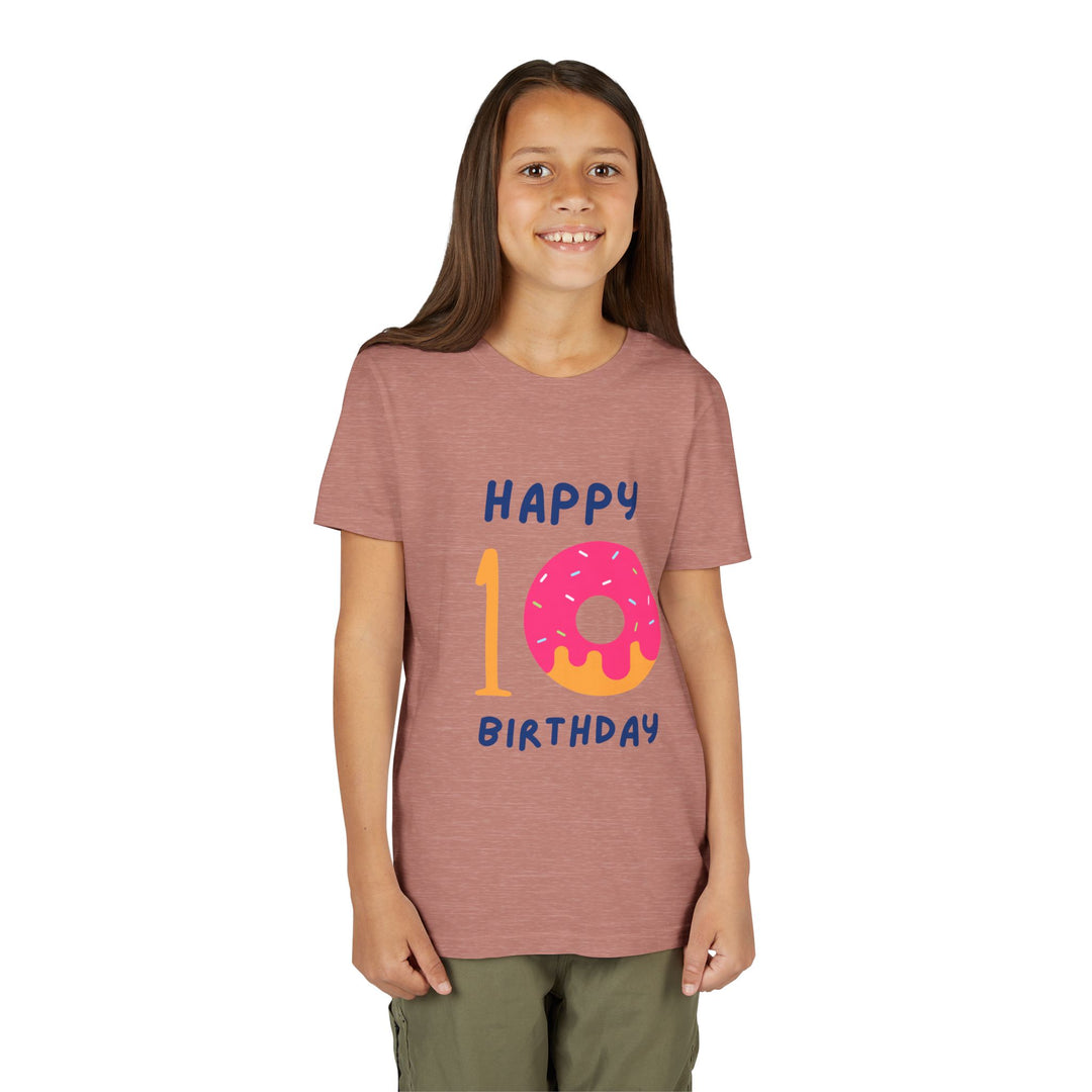 10th Birthday Youth Tee – Pink Donut "Happy 10 Birthday" Kids Shirt