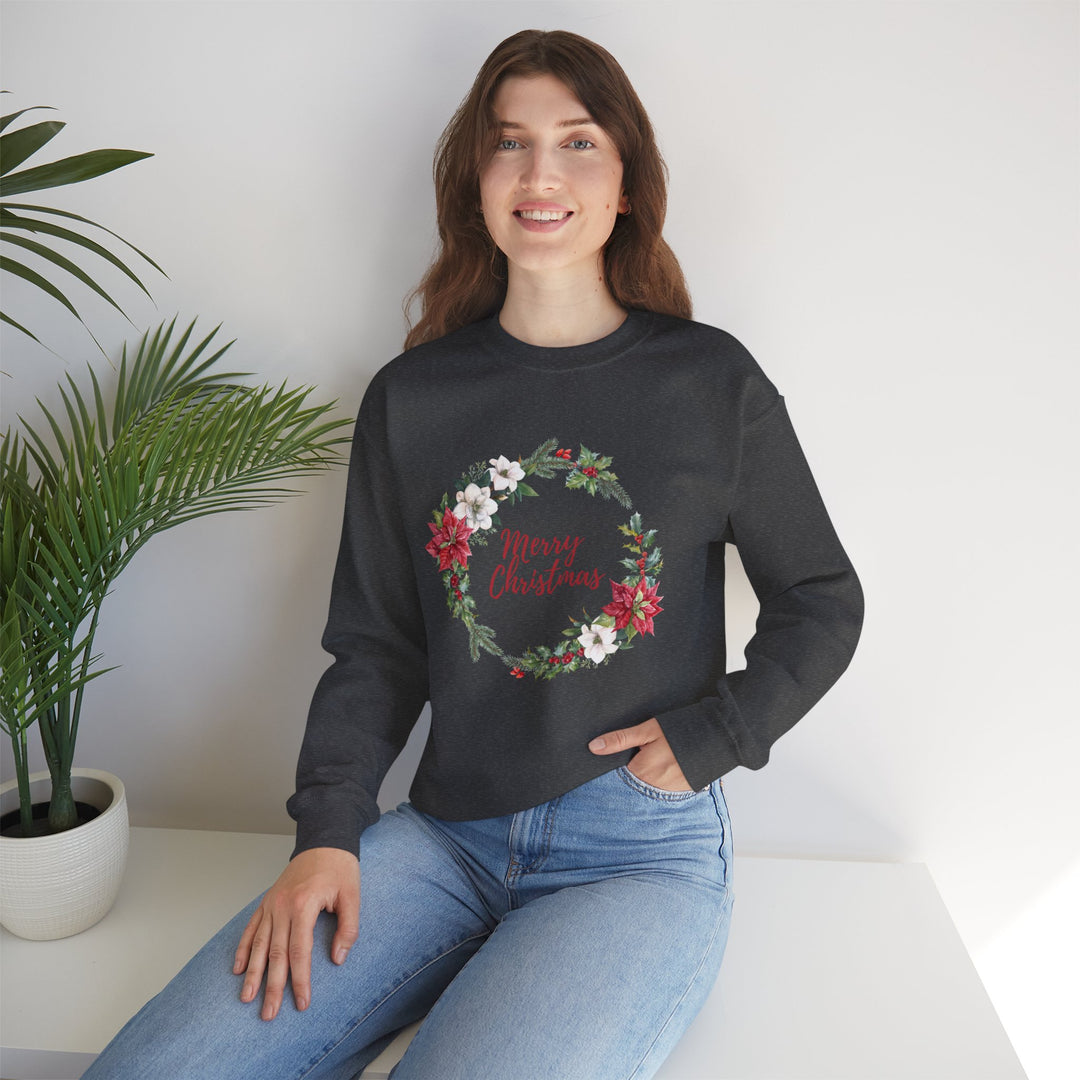 Christmas Poinsettia Wreath Sweatshirt — "Merry Christmas" Holiday Crewneck