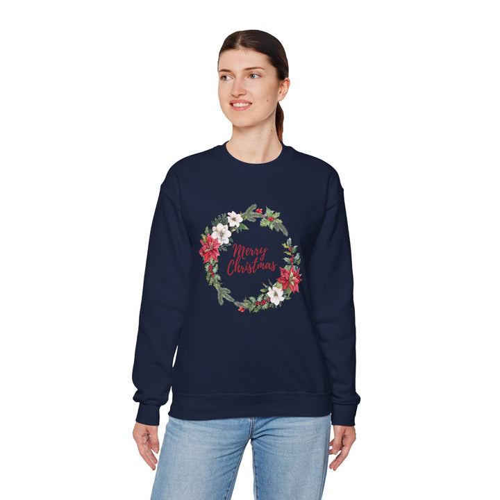 Christmas Poinsettia Wreath Sweatshirt — "Merry Christmas" Holiday Crewneck