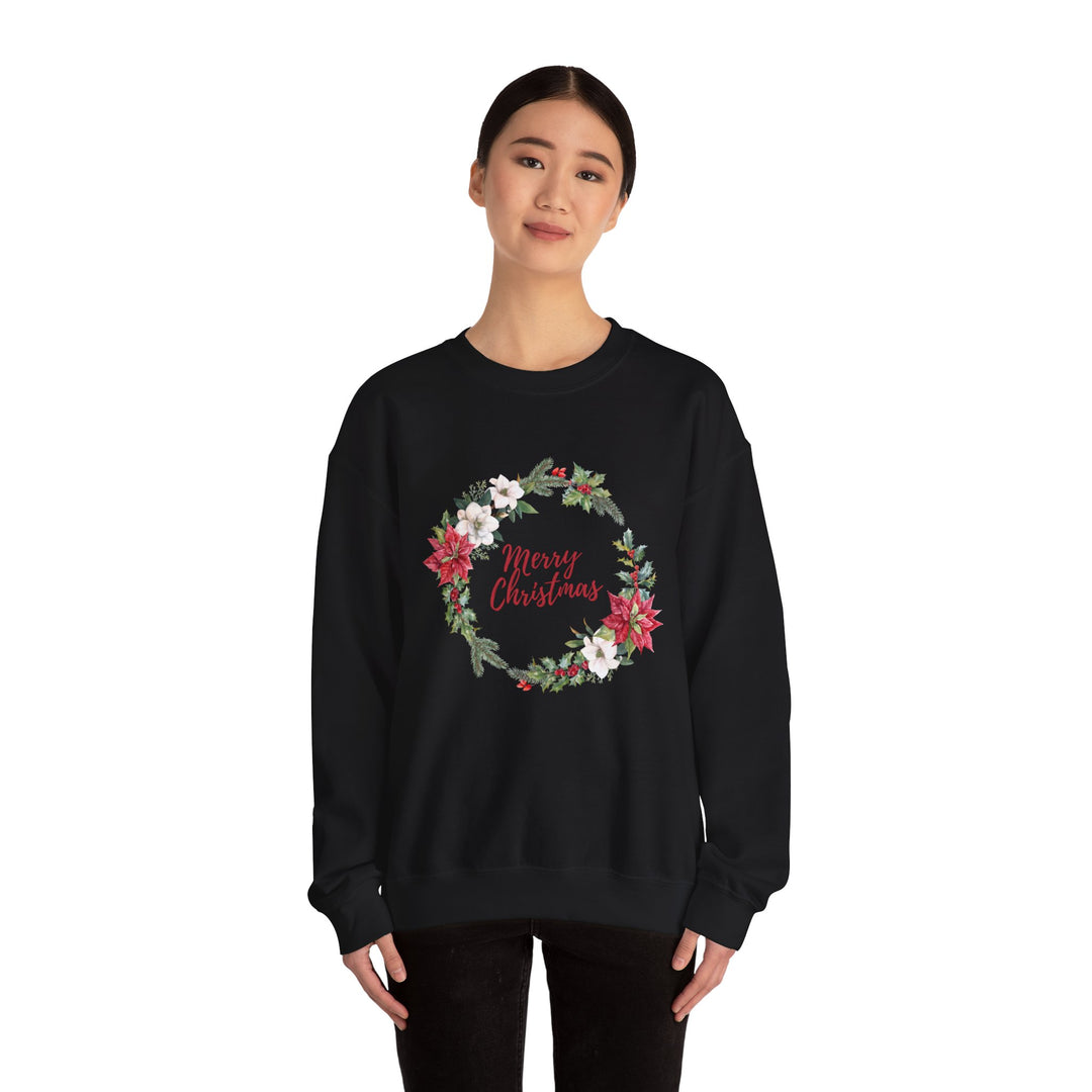 Christmas Poinsettia Wreath Sweatshirt — "Merry Christmas" Holiday Crewneck