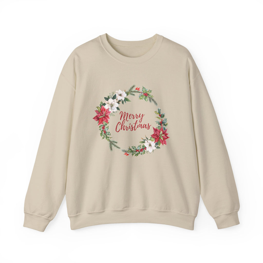 Christmas Poinsettia Wreath Sweatshirt — "Merry Christmas" Holiday Crewneck