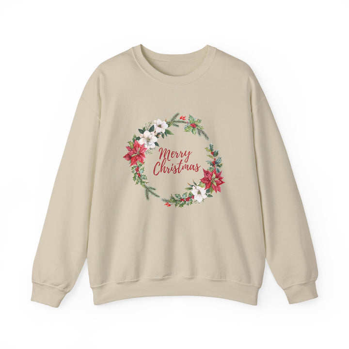 Christmas Poinsettia Wreath Sweatshirt — "Merry Christmas" Holiday Crewneck