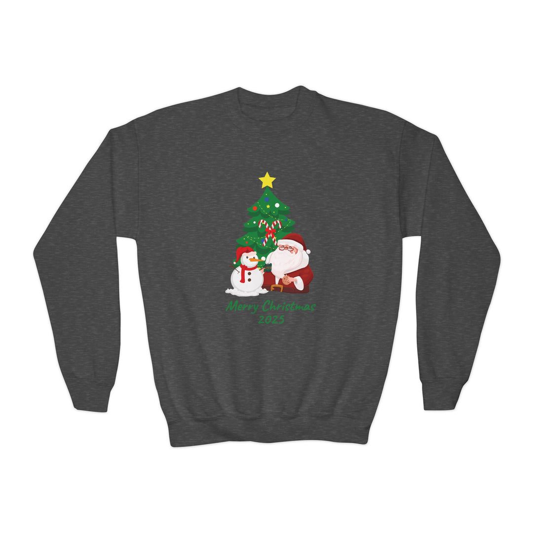 Youth Christmas Crewneck Sweatshirt — 'Merry Christmas 2025' Santa & Snowman Tree Design