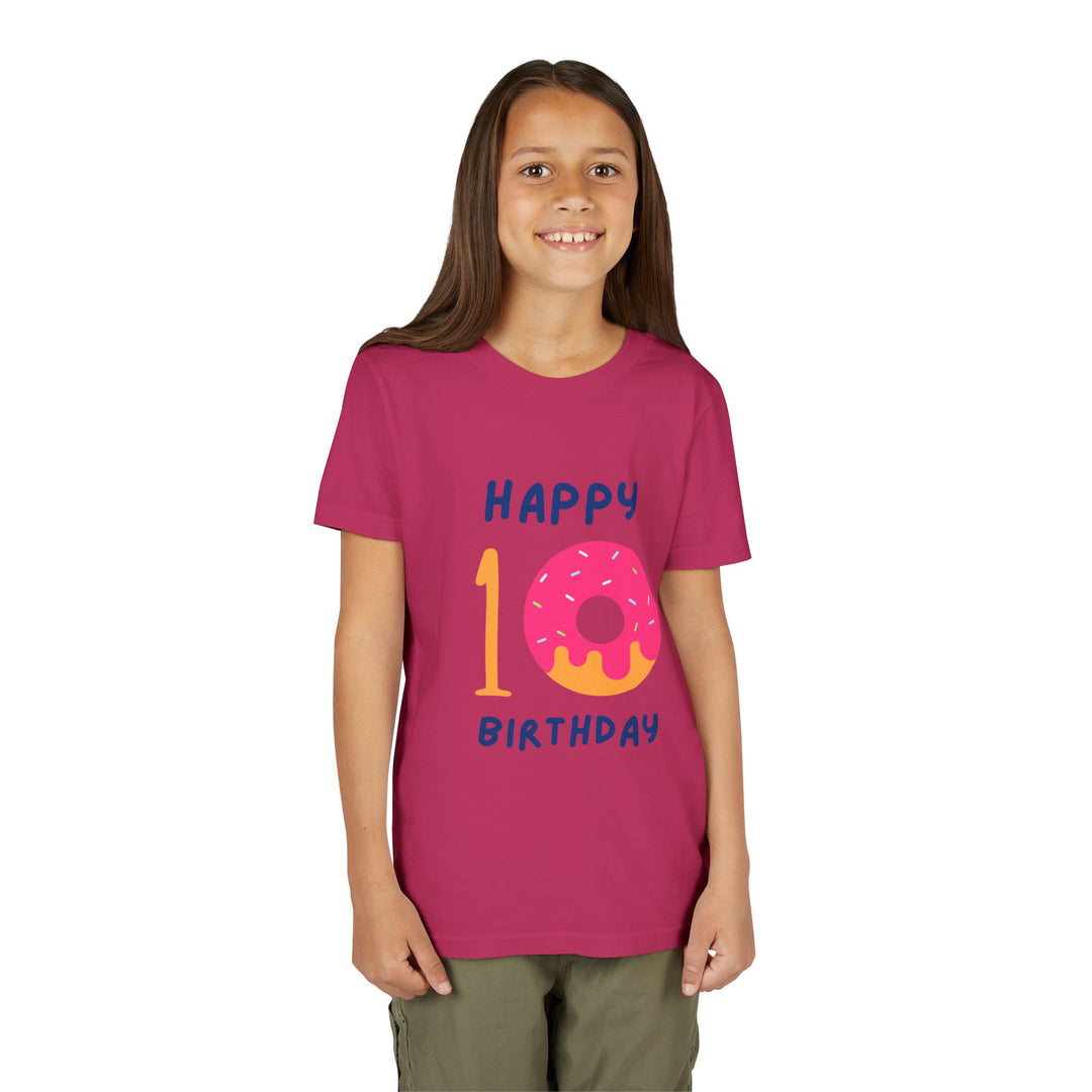 10th Birthday Youth Tee – Pink Donut "Happy 10 Birthday" Kids Shirt