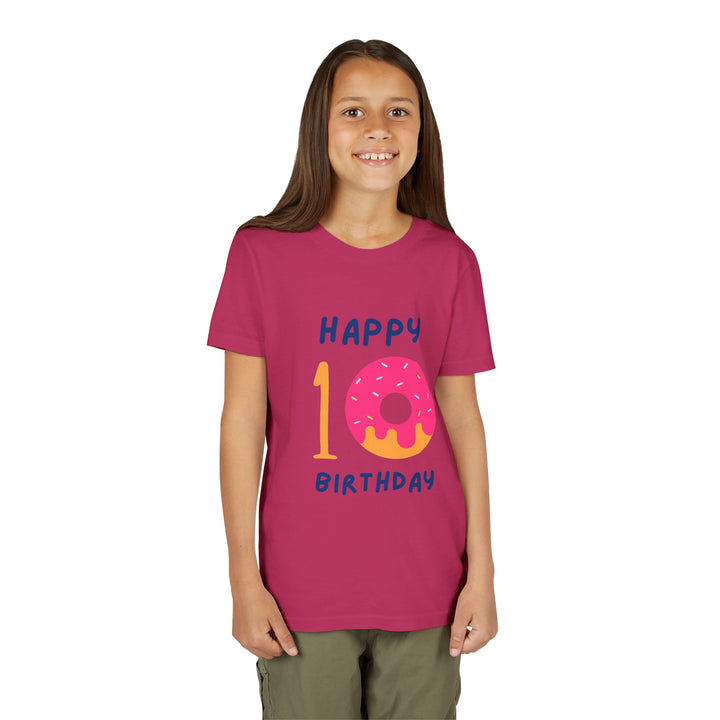 10th Birthday Youth Tee – Pink Donut "Happy 10 Birthday" Kids Shirt