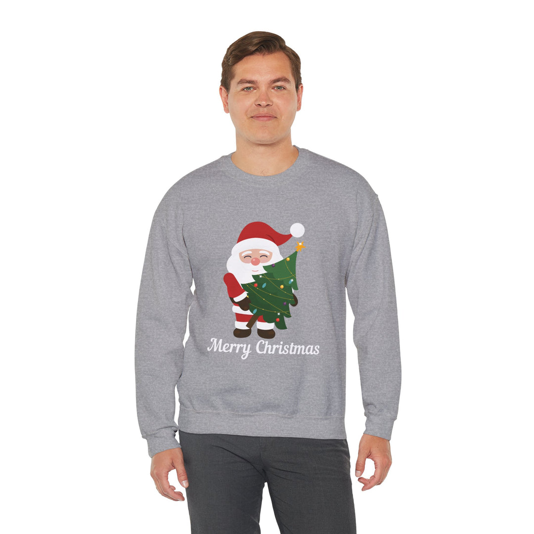 Christmas Sweatshirt – Cute Santa Hugging Christmas Tree “Merry Christmas” Holiday Crewneck