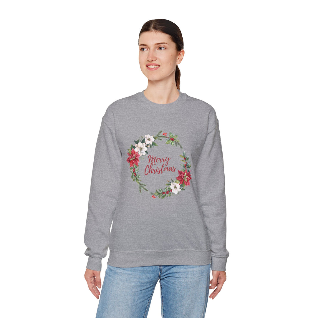 Christmas Poinsettia Wreath Sweatshirt — "Merry Christmas" Holiday Crewneck