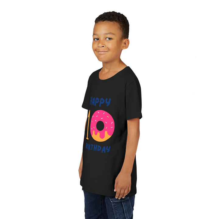 10th Birthday Youth Tee – Pink Donut "Happy 10 Birthday" Kids Shirt
