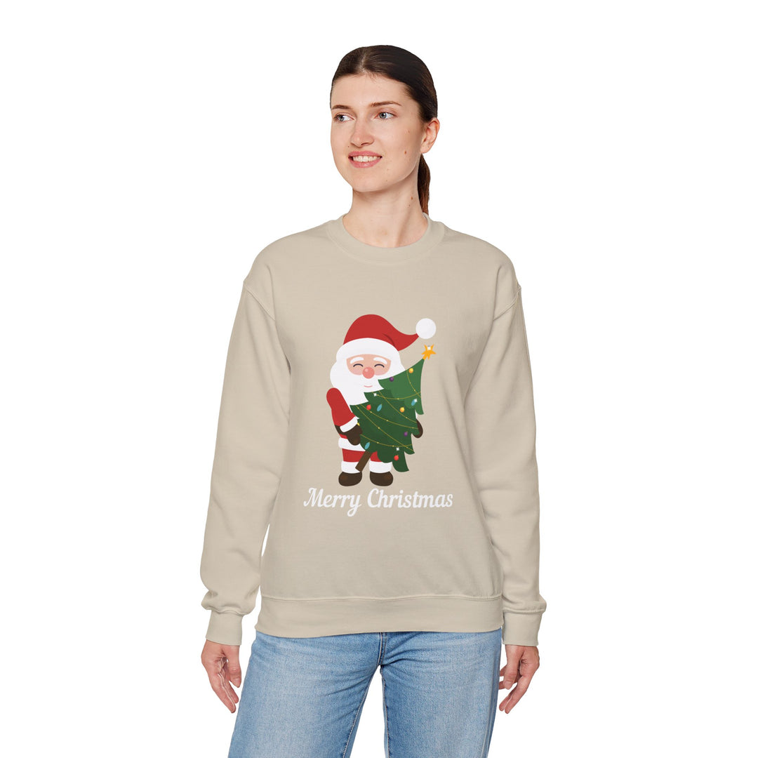 Christmas Sweatshirt – Cute Santa Hugging Christmas Tree “Merry Christmas” Holiday Crewneck