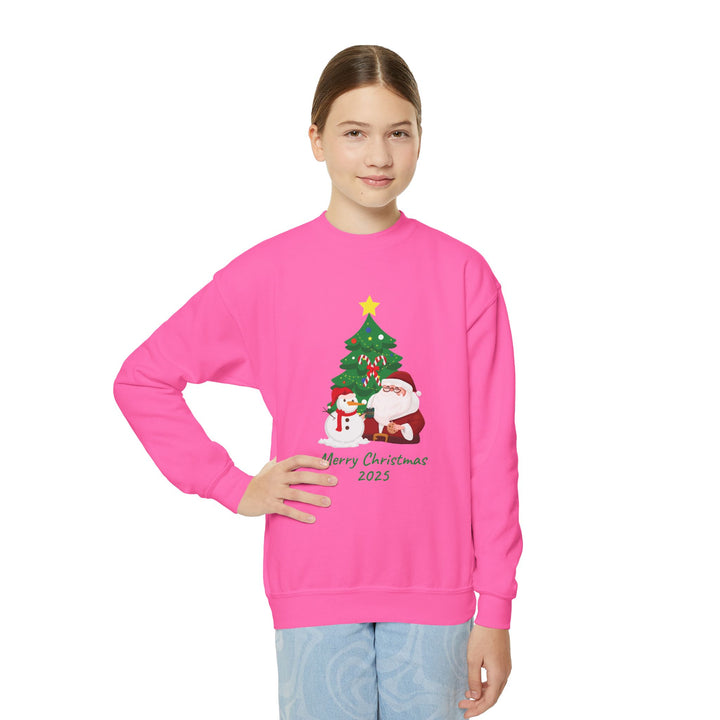 Youth Christmas Crewneck Sweatshirt — 'Merry Christmas 2025' Santa & Snowman Tree Design