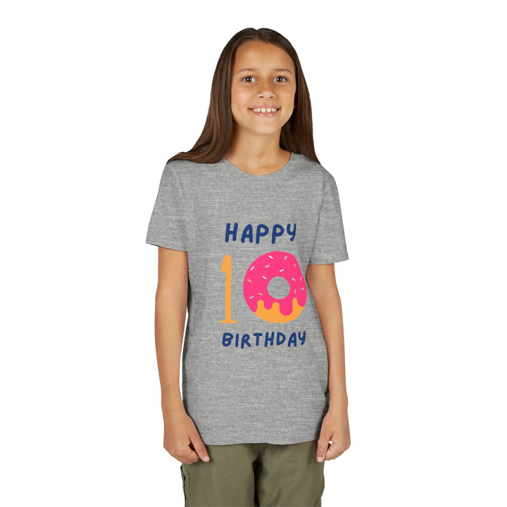 10th Birthday Youth Tee – Pink Donut "Happy 10 Birthday" Kids Shirt