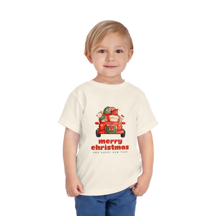 Toddler Tee — Cute Santa in Car “Merry Christmas and Happy New Year” Holiday Tee