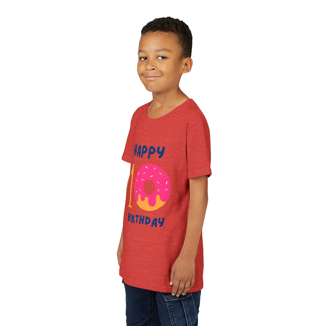10th Birthday Youth Tee – Pink Donut "Happy 10 Birthday" Kids Shirt