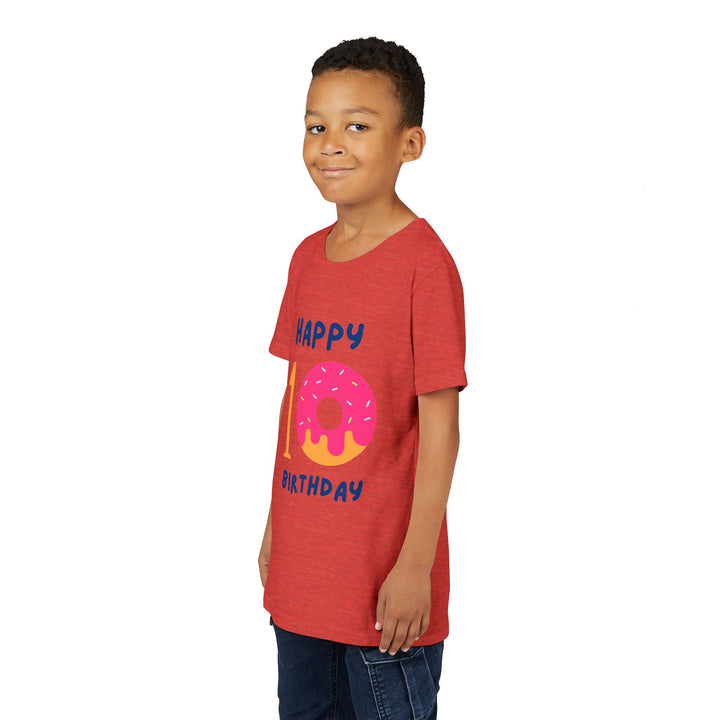 10th Birthday Youth Tee – Pink Donut "Happy 10 Birthday" Kids Shirt