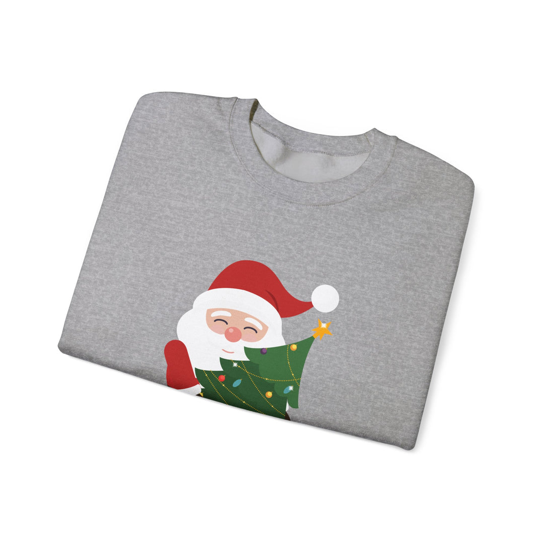 Christmas Sweatshirt – Cute Santa Hugging Christmas Tree “Merry Christmas” Holiday Crewneck
