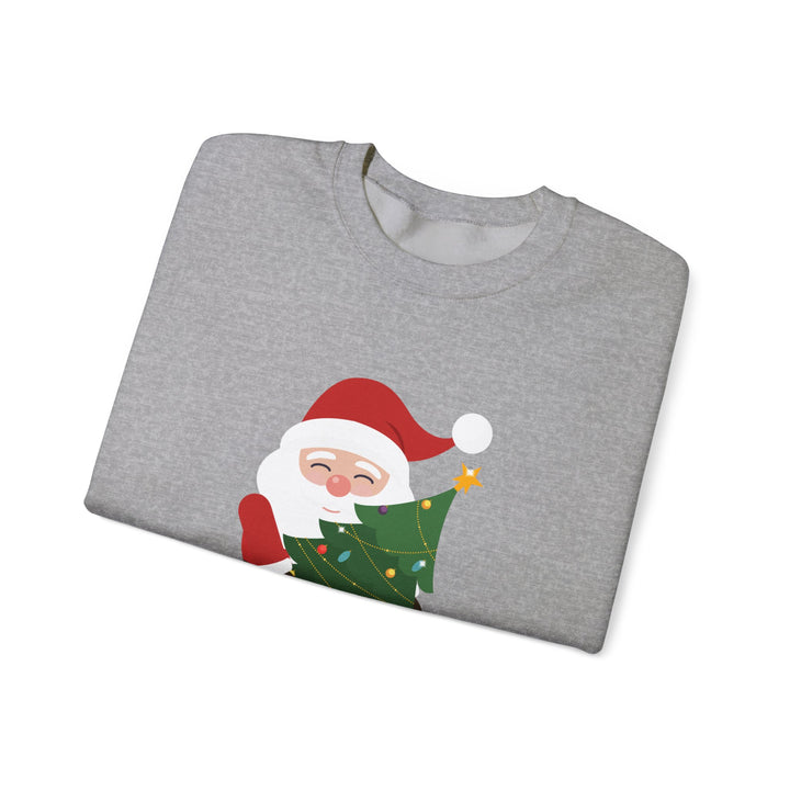 Christmas Sweatshirt – Cute Santa Hugging Christmas Tree “Merry Christmas” Holiday Crewneck