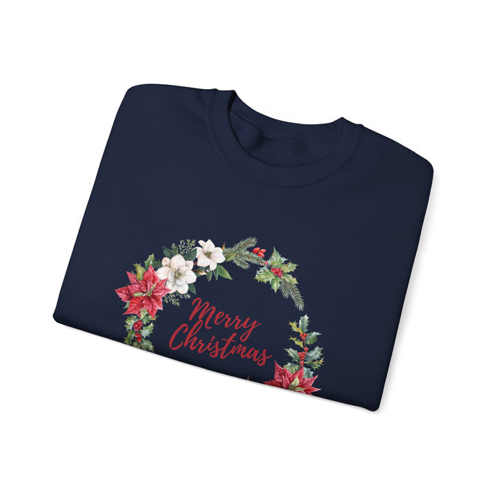 Christmas Poinsettia Wreath Sweatshirt — "Merry Christmas" Holiday Crewneck