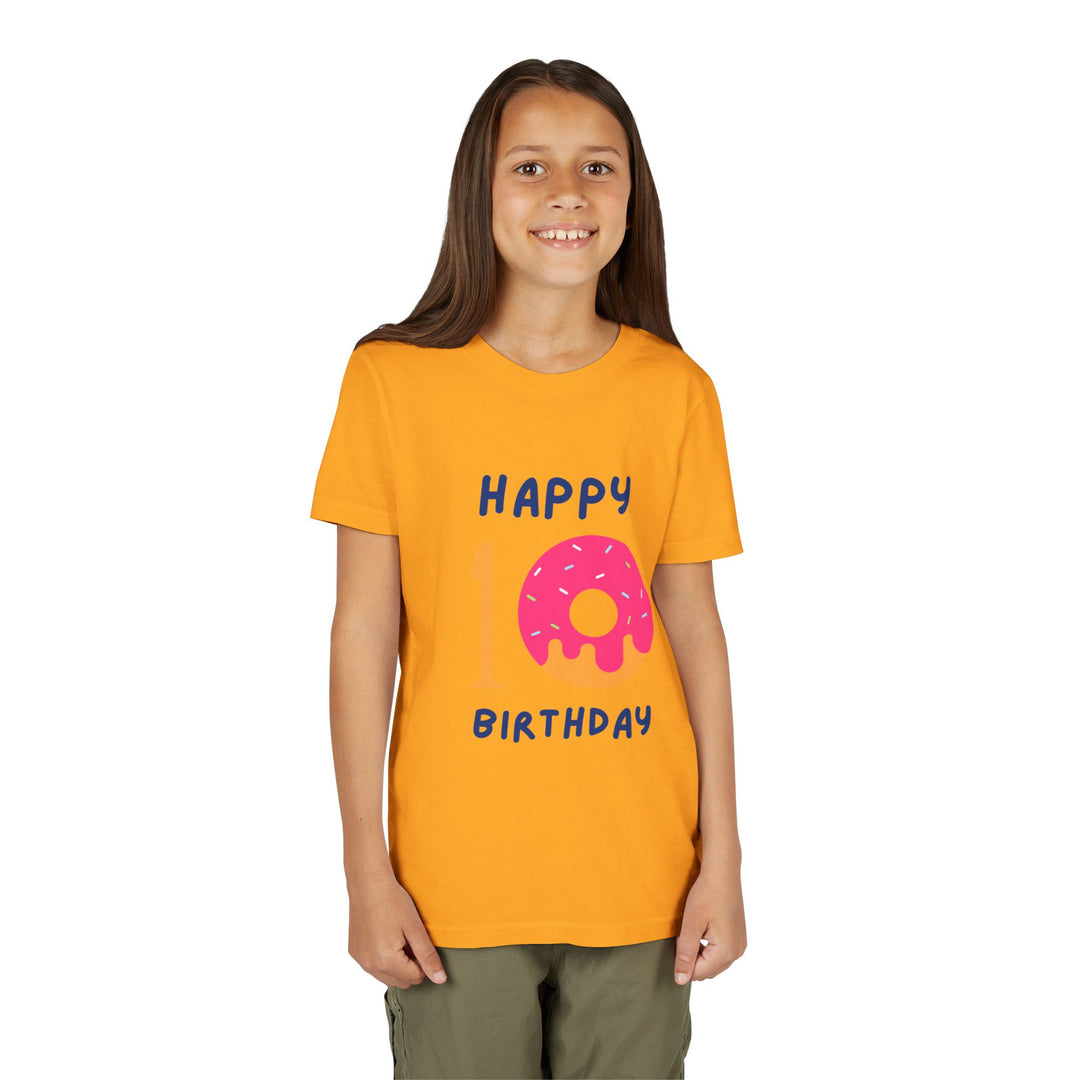 10th Birthday Youth Tee – Pink Donut "Happy 10 Birthday" Kids Shirt