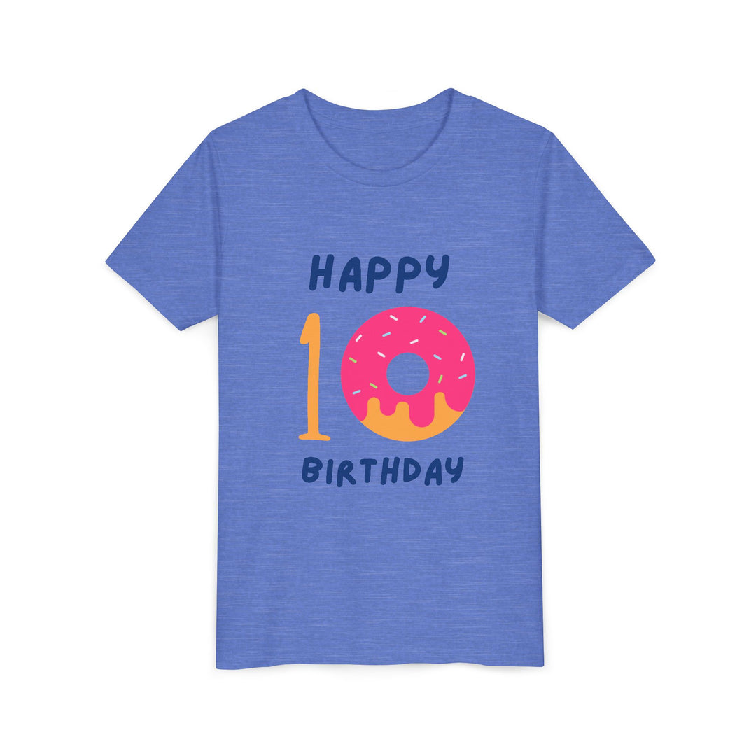 10th Birthday Youth Tee – Pink Donut "Happy 10 Birthday" Kids Shirt