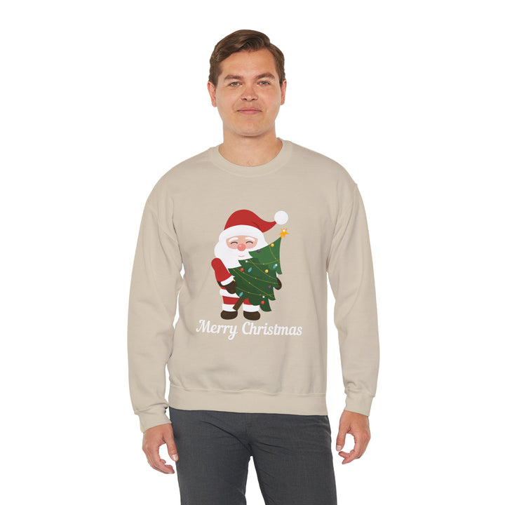 Christmas Sweatshirt – Cute Santa Hugging Christmas Tree “Merry Christmas” Holiday Crewneck