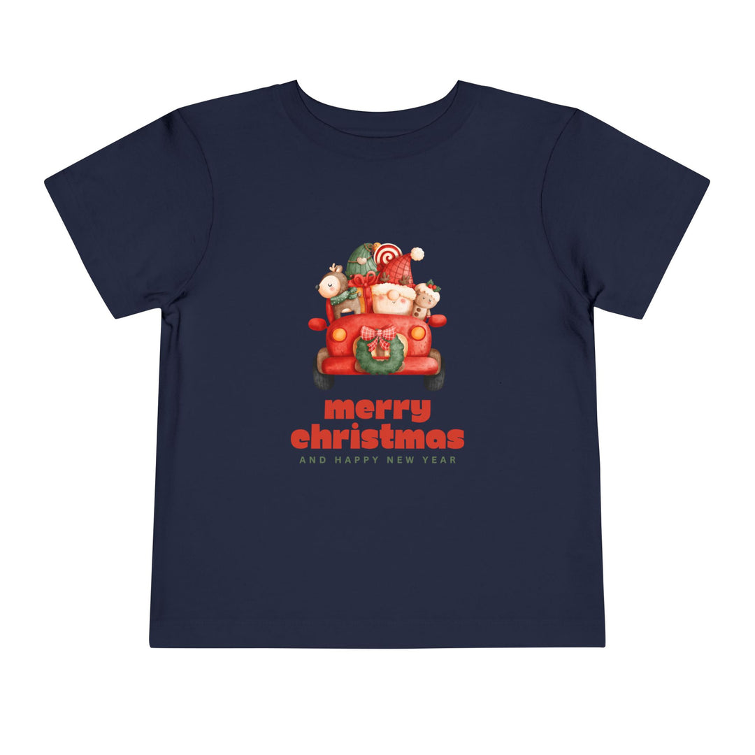 Toddler Tee — Cute Santa in Car “Merry Christmas and Happy New Year” Holiday Tee