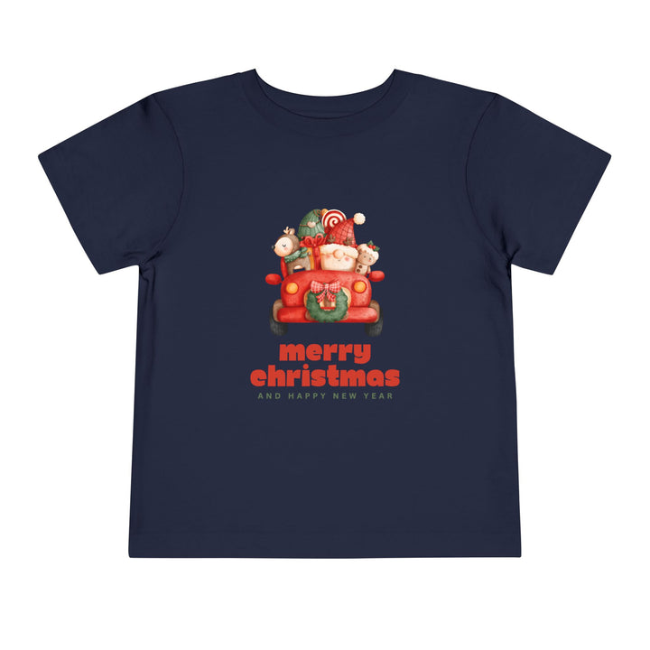 Toddler Tee — Cute Santa in Car “Merry Christmas and Happy New Year” Holiday Tee