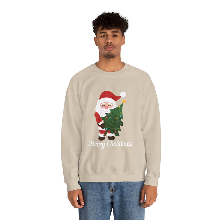Christmas Sweatshirt – Cute Santa Hugging Christmas Tree “Merry Christmas” Holiday Crewneck