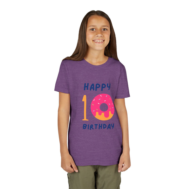 10th Birthday Youth Tee – Pink Donut "Happy 10 Birthday" Kids Shirt