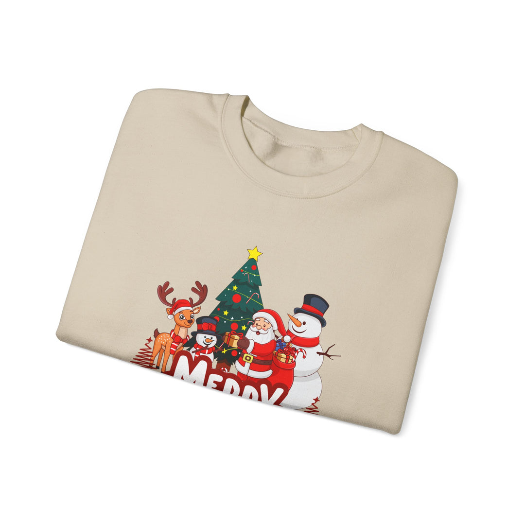 Christmas Crewneck Sweatshirt — 'Merry Christmas' Festive Holiday Sweatshirt with Santa, Reindeer & Snowman