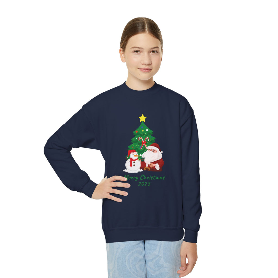 Youth Christmas Crewneck Sweatshirt — 'Merry Christmas 2025' Santa & Snowman Tree Design