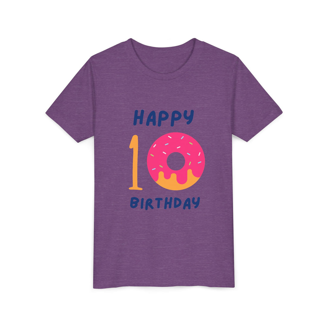 10th Birthday Youth Tee – Pink Donut "Happy 10 Birthday" Kids Shirt