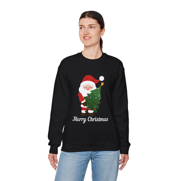 Christmas Sweatshirt – Cute Santa Hugging Christmas Tree “Merry Christmas” Holiday Crewneck
