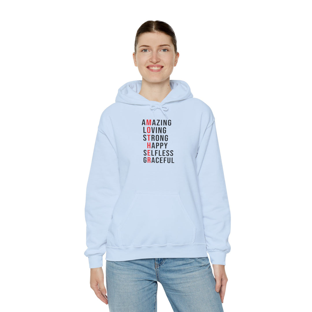 Mom's Hooded Sweatshirt – Amazing, Loving, Strong, Happy, Selfless, Graceful Design