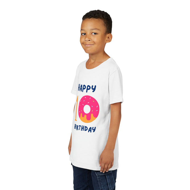 10th Birthday Youth Tee – Pink Donut "Happy 10 Birthday" Kids Shirt