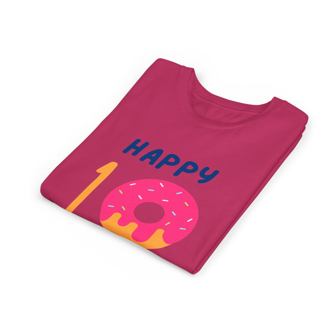 10th Birthday Youth Tee – Pink Donut "Happy 10 Birthday" Kids Shirt