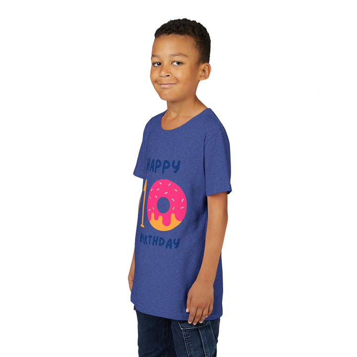 10th Birthday Youth Tee – Pink Donut "Happy 10 Birthday" Kids Shirt