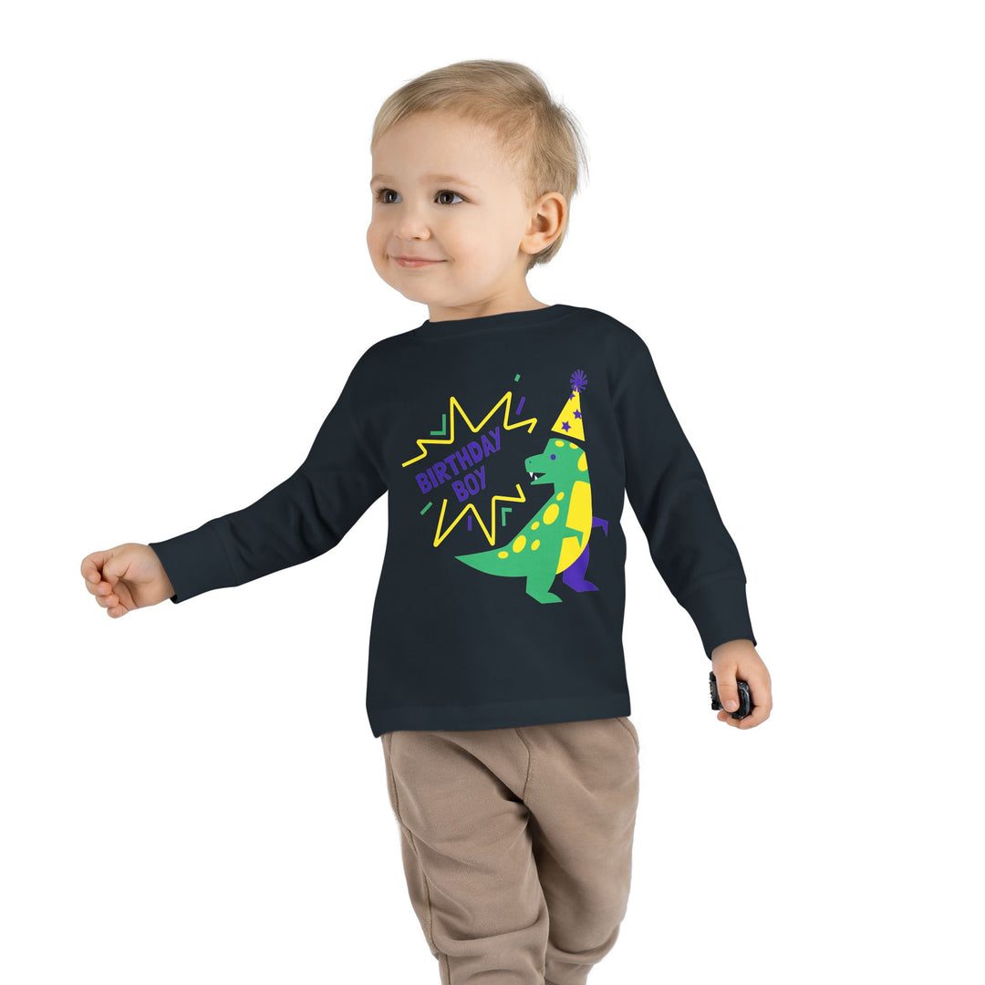 Birthday Boy Toddler Long Sleeve Tee — Cute Party Dinosaur Design