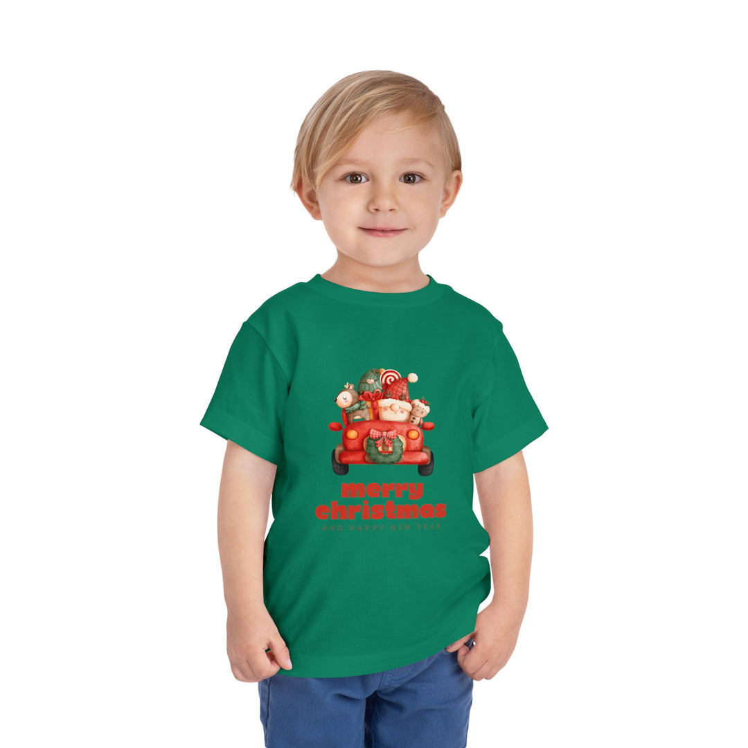 Toddler Tee — Cute Santa in Car “Merry Christmas and Happy New Year” Holiday Tee