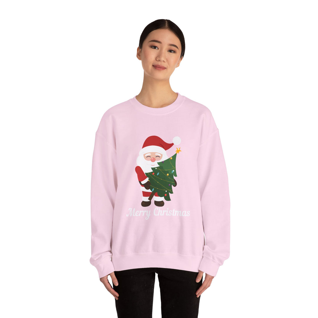 Christmas Sweatshirt – Cute Santa Hugging Christmas Tree “Merry Christmas” Holiday Crewneck