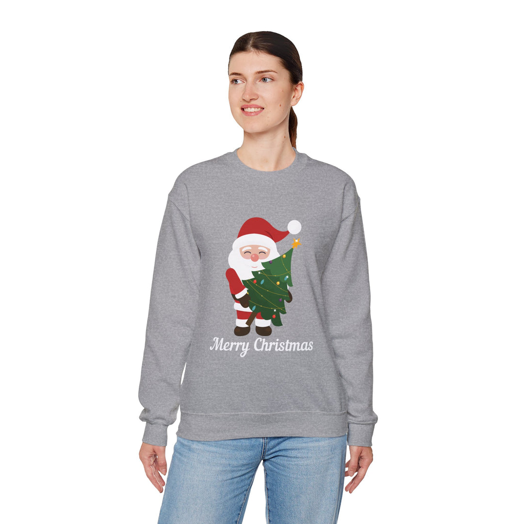 Christmas Sweatshirt – Cute Santa Hugging Christmas Tree “Merry Christmas” Holiday Crewneck