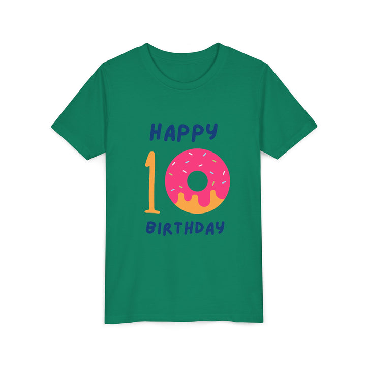 10th Birthday Youth Tee – Pink Donut "Happy 10 Birthday" Kids Shirt