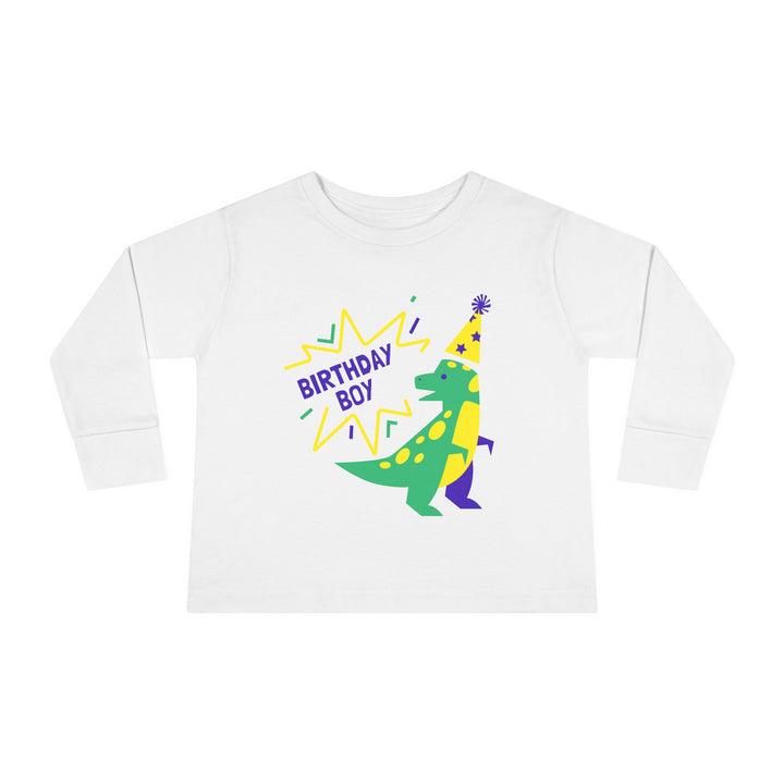 Birthday Boy Toddler Long Sleeve Tee — Cute Party Dinosaur Design
