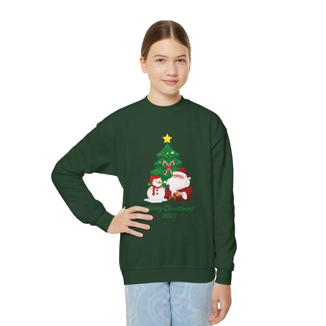 Youth Christmas Crewneck Sweatshirt — 'Merry Christmas 2025' Santa & Snowman Tree Design