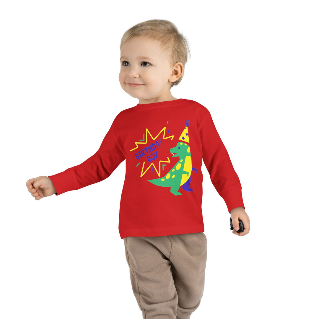 Birthday Boy Toddler Long Sleeve Tee — Cute Party Dinosaur Design