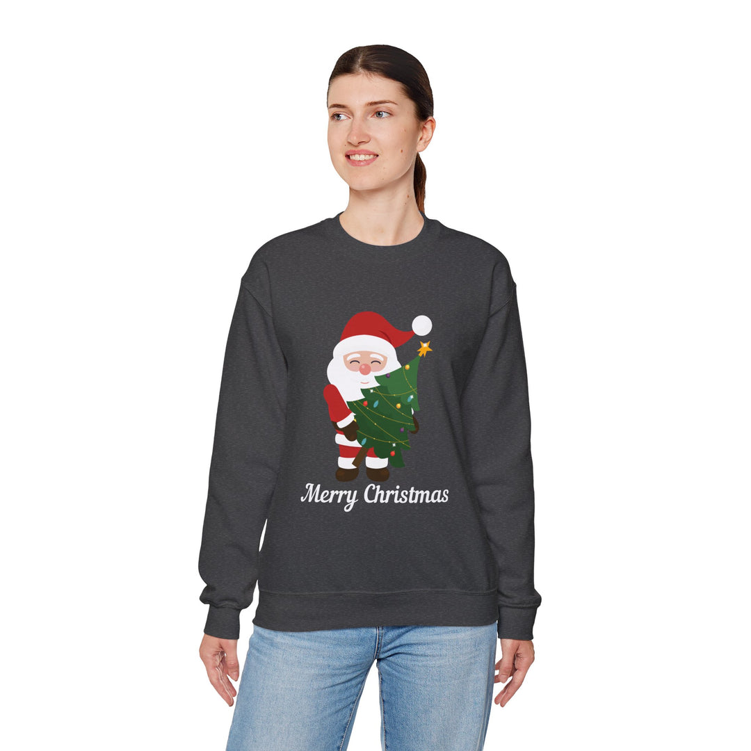 Christmas Sweatshirt – Cute Santa Hugging Christmas Tree “Merry Christmas” Holiday Crewneck
