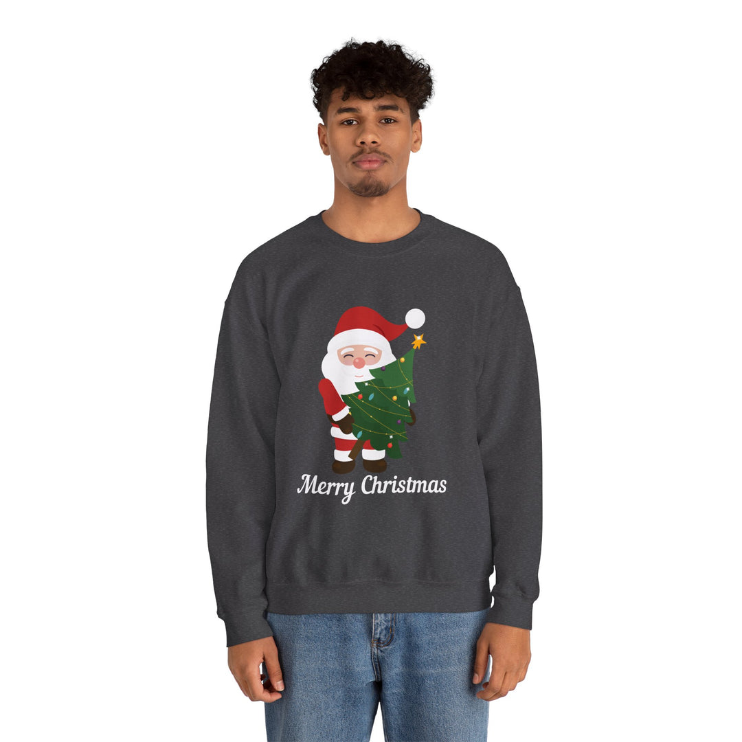 Christmas Sweatshirt – Cute Santa Hugging Christmas Tree “Merry Christmas” Holiday Crewneck